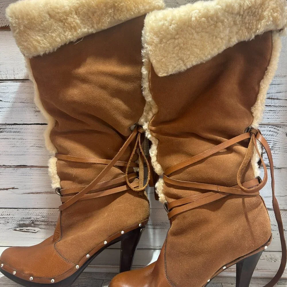 Michael Kors Tan Brown Over-the-Knee Shearling Trim Boots - Picture 4 of 11